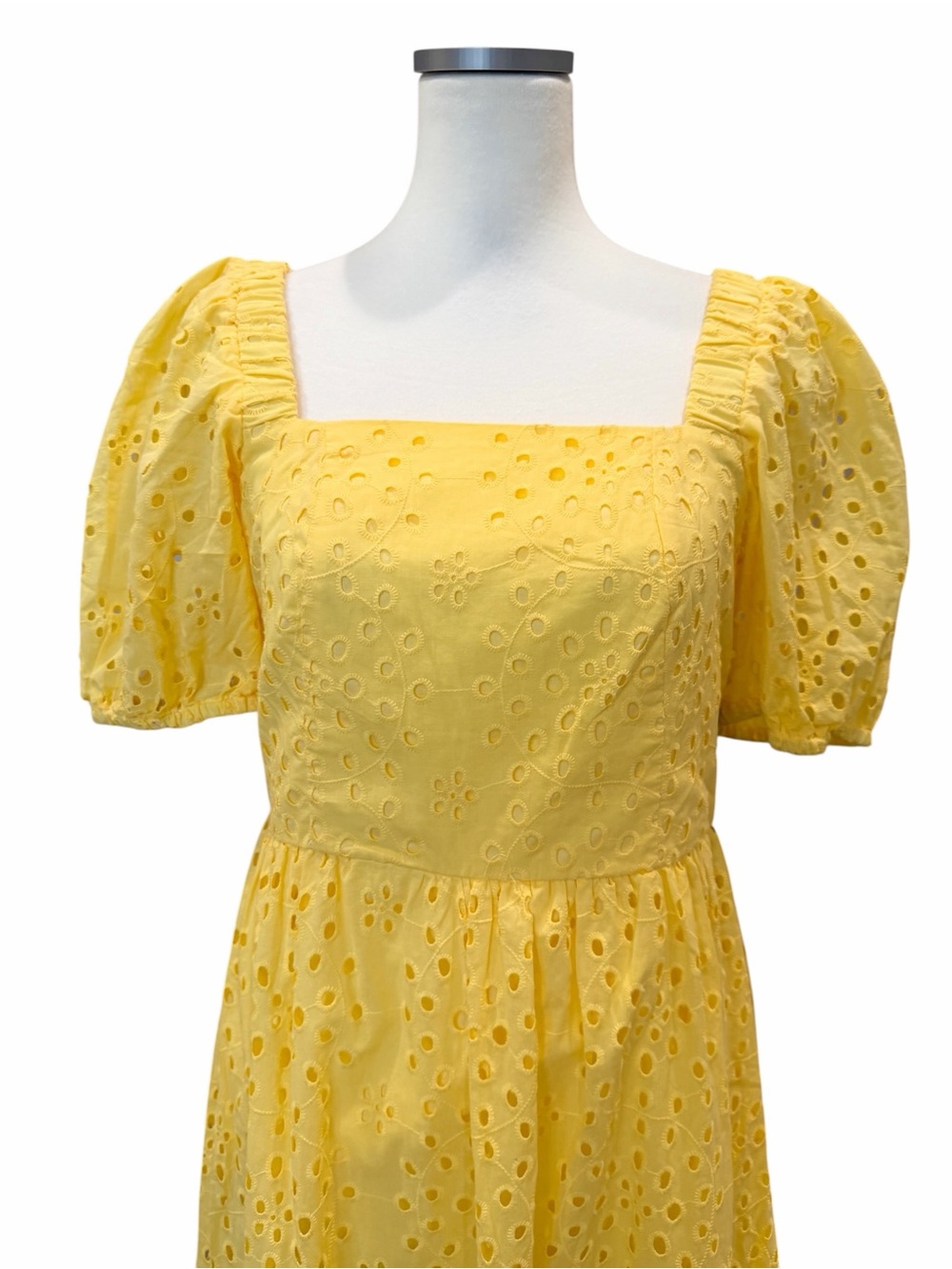 CeCe Eyelet Cotton Midi Dress Square Neck Smocked Puff Sleeve Yellow Small NWT - Picture 11 of 15